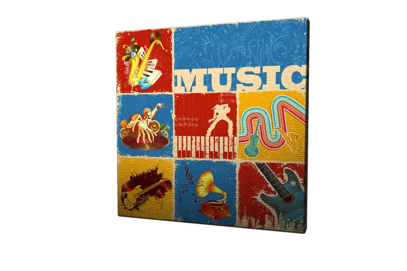 Canvastavla 45x45 cm - Färgglad musikaliskt inspirerad komposition med instrument och noter - Blå / Röd / Gul - Inredning - Tavlor & konst - Canvastavlor