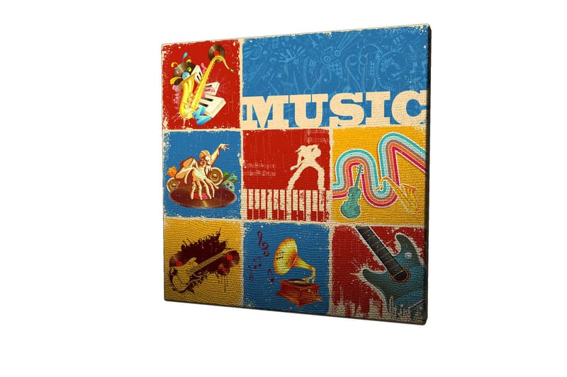 Canvastavla 45x45 cm - Färgglad musikaliskt inspirerad komposition med instrument och noter - Blå / Röd / Gul - Inredning - Tavlor & konst - Canvastavlor