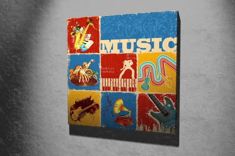 Canvastavla 45x45 cm - Färgglad musikaliskt inspirerad komposition med instrument och noter - Blå / Röd / Gul - Inredning - Tavlor & konst - Canvastavlor