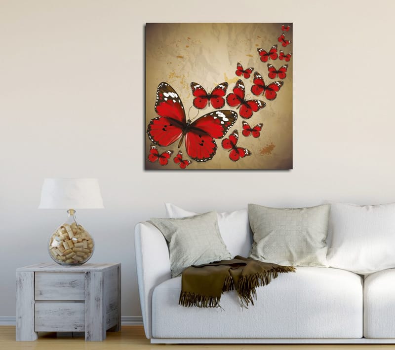 Canvastavla 45x45 cm - Färgglad samling av fjärilar i röd nyans, Röd / Svart / Beige