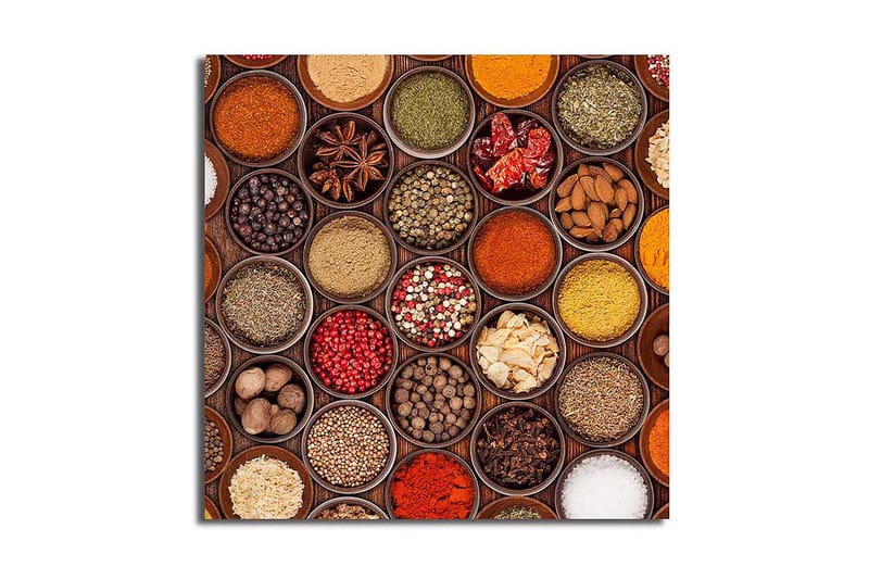 Canvastavla 45x45 cm - Färgglad samling av kryddor i skålar, Röd / Gul / Grön