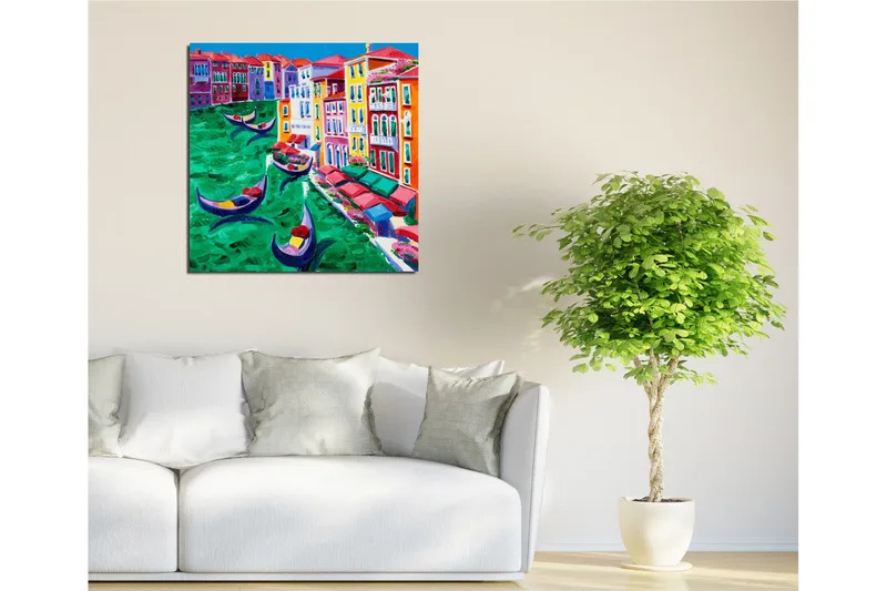 Canvastavla 45x45 cm - Färgglad vy av en kanal med gondoler och färgglada byggnader - Grön / Röd / Blå - Inredning - Tavlor & konst - Canvastavlor