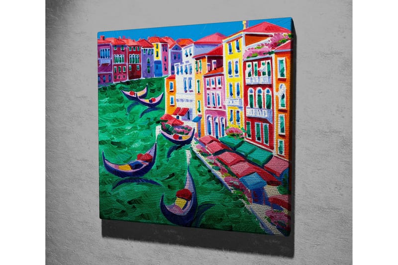 Canvastavla 45x45 cm - Färgglad vy av en kanal med gondoler och färgglada byggnader - Grön / Röd / Blå - Inredning - Tavlor & konst - Canvastavlor