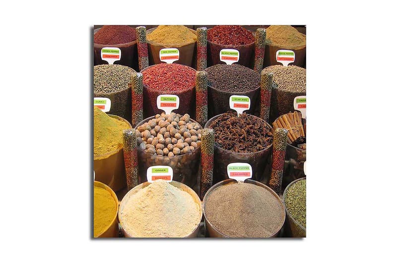 Canvastavla 45x45 cm - Färgglada kryddburkar i en marknadsställning, Röd / Gul / Brun