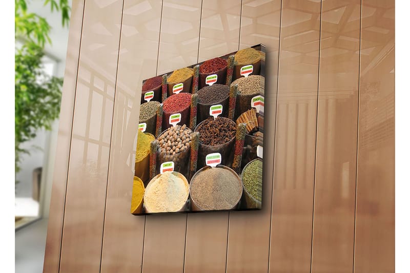 Canvastavla 45x45 cm - Färgglada kryddburkar i en marknadsställning - Röd / Gul / Brun - Inredning - Tavlor & konst - Canvastavlor