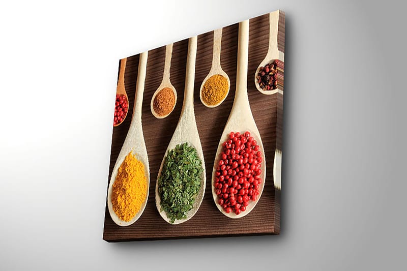 Canvastavla 45x45 cm - Färgglada kryddor i träskedar - Gul / Grön / Röd - Inredning - Tavlor & konst - Canvastavlor