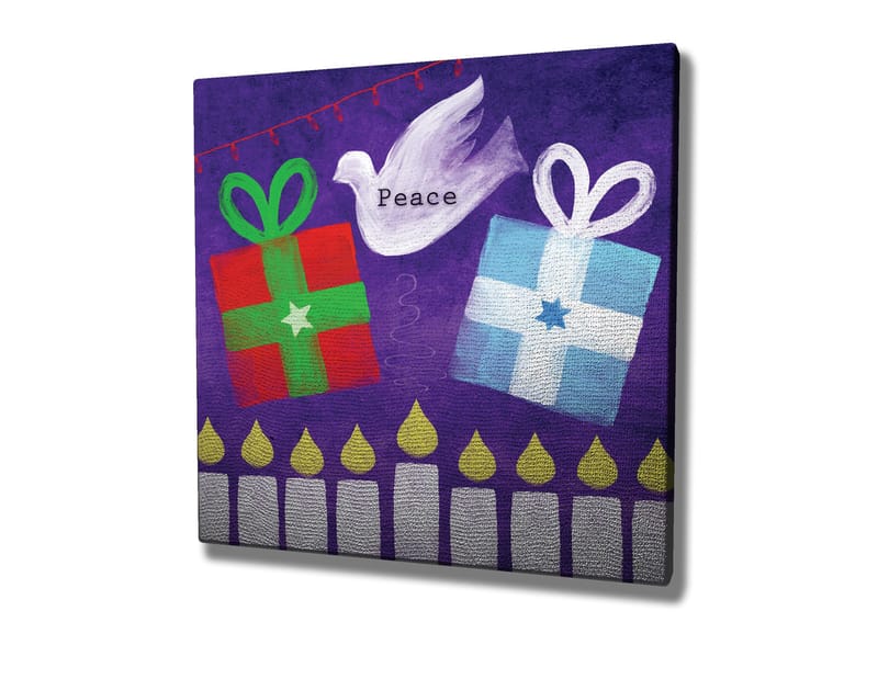Canvastavla 45x45 cm - Färgglada presenter med en fredsduva i en lekfull komposition - Grön / Röd / Lila - Inredning - Tavlor & konst - Canvastavlor