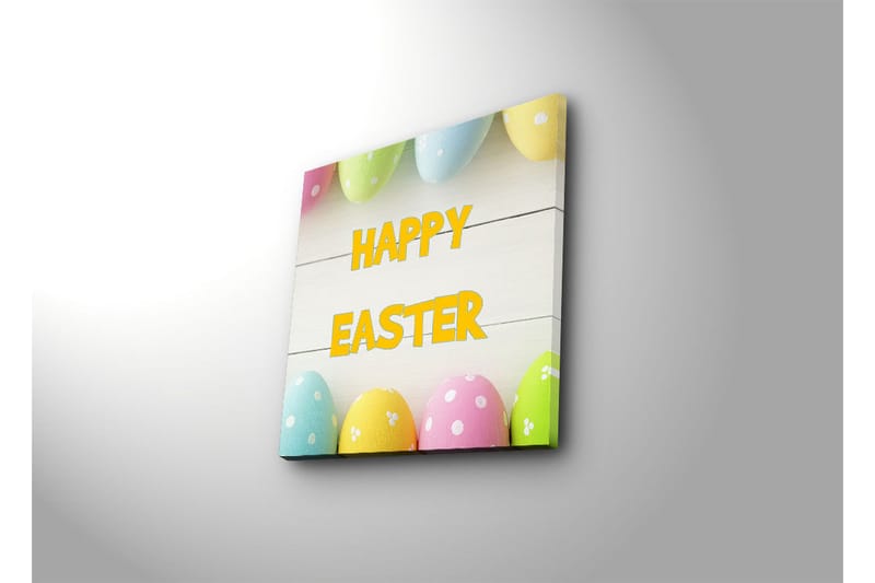 Canvastavla 45x45 cm - Färgglada påskägg med texten HAPPY EASTER - Gul / Rosa / Grön - Inredning - Tavlor & konst - Canvastavlor