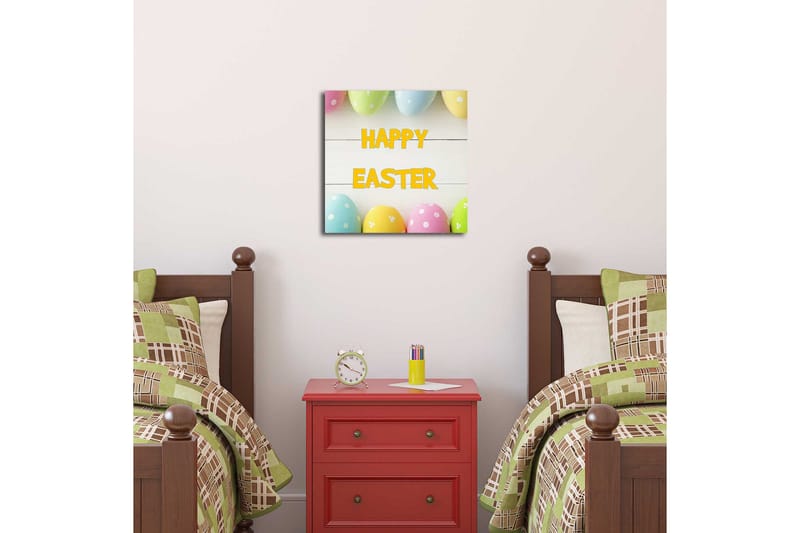 Canvastavla 45x45 cm - Färgglada påskägg med texten HAPPY EASTER - Gul / Rosa / Grön - Inredning - Tavlor & konst - Canvastavlor