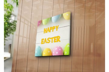 Canvastavla 45x45 cm - Färgglada påskägg med texten HAPPY EASTER - Gul / Rosa / Grön - Inredning - Tavlor & konst - Canvastavlor
