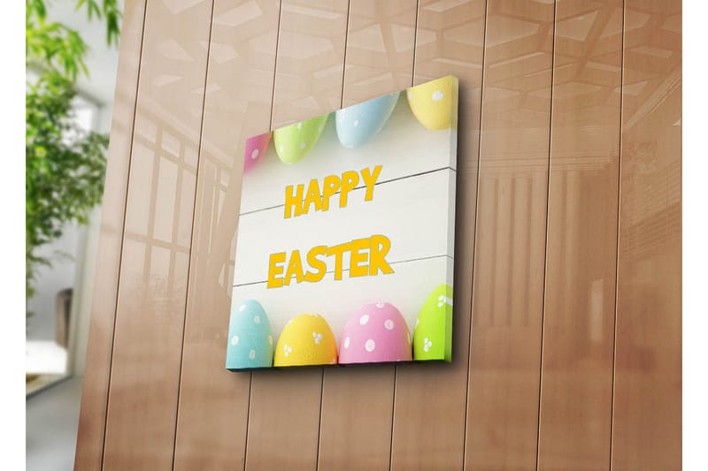 Canvastavla 45x45 cm - Färgglada påskägg med texten HAPPY EASTER, Gul / Rosa / Grön