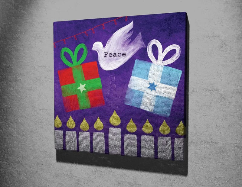 Canvastavla 45x45 cm - Färgglada presenter med en fredsduva i en lekfull komposition - Grön / Röd / Lila - Inredning - Tavlor & konst - Canvastavlor