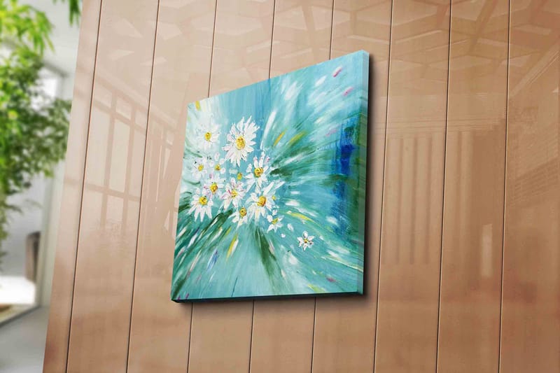 Canvastavla 45x45 cm - Färgrik bukett av prästkragar i en dynamisk komposition - Ljusblå / Vit / Gul - Inredning - Tavlor & konst - Canvastavlor