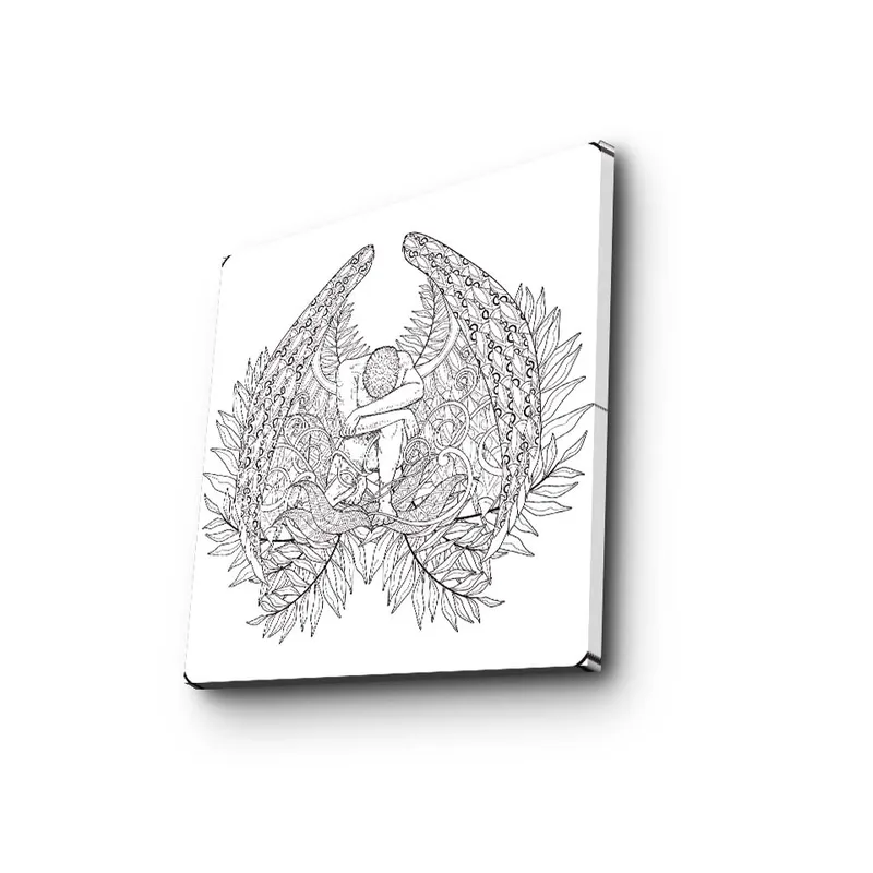 Canvastavla 45x45 cm - Fantasifullt motiv med en figur omgiven av stora, detaljerade vingar och växtlighet - Svart / Grå / Vit - Inredning - Tavlor & konst - Canvastavlor