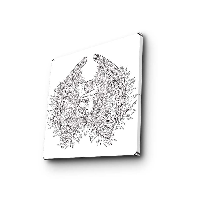 Canvastavla 45x45 cm - Fantasifullt motiv med en figur omgiven av stora, detaljerade vingar och växtlighet - Svart / Grå / Vit - Inredning - Tavlor & konst - Canvastavlor