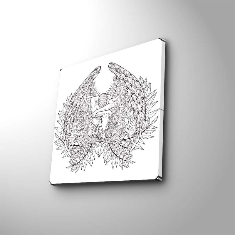 Canvastavla 45x45 cm - Fantasifullt motiv med en figur omgiven av stora, detaljerade vingar och växtlighet, Svart / Grå / Vit