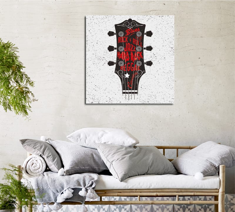 Canvastavla 45x45 cm - Gitarrhuvud med musikgenrer i fokus, Svart / Röd / Vit