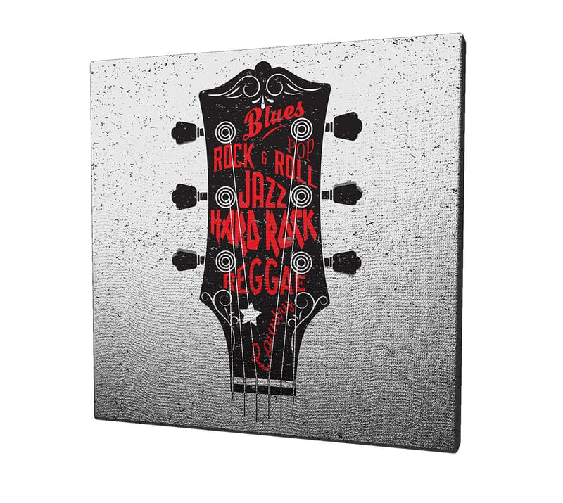 Canvastavla 45x45 cm - Gitarrhuvud med musikgenrer i fokus - Svart / Röd / Vit - Inredning - Tavlor & konst - Canvastavlor