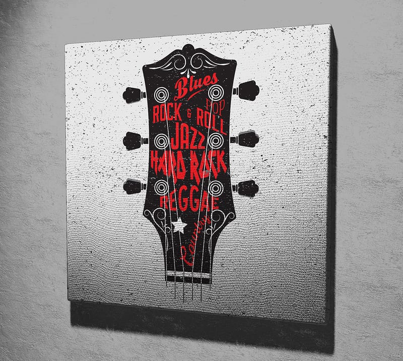 Canvastavla 45x45 cm - Gitarrhuvud med musikgenrer i fokus - Svart / Röd / Vit - Inredning - Tavlor & konst - Canvastavlor