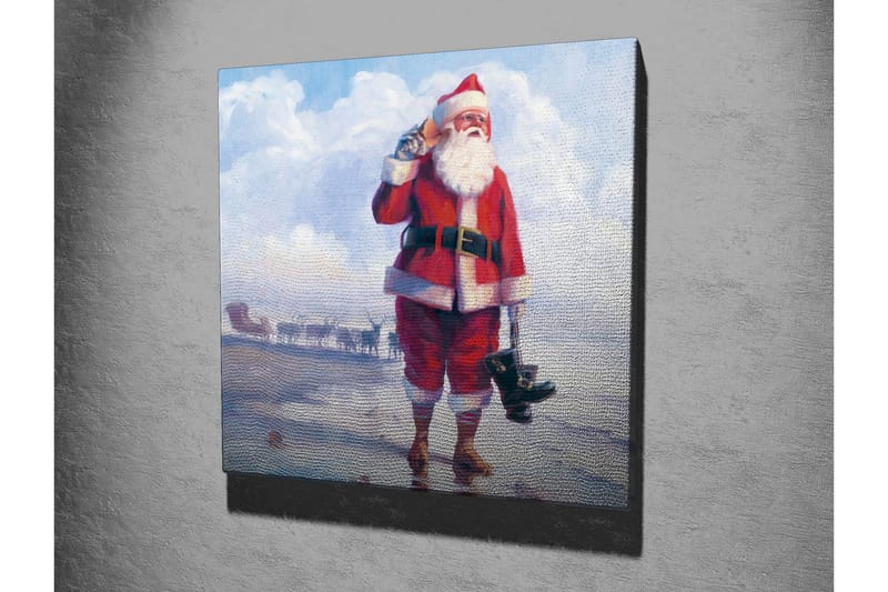 Canvastavla 45x45 cm - Glad tomte vid havet med stövlar i handen - Röd / Vit / Blå - Inredning - Tavlor & konst - Canvastavlor