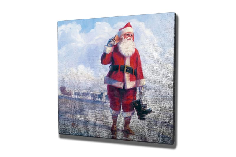 Canvastavla 45x45 cm - Glad tomte vid havet med stövlar i handen - Röd / Vit / Blå - Inredning - Tavlor & konst - Canvastavlor
