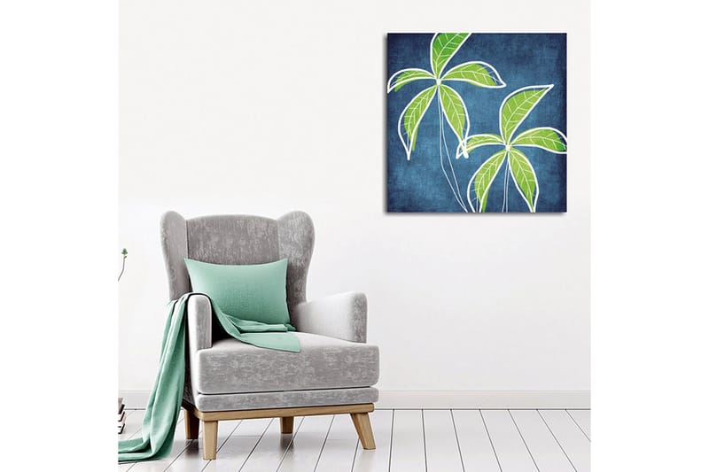 Canvastavla 45x45 cm - Grönskande palmblad mot en djupblå bakgrund - Grön / Blå - Inredning - Tavlor & konst - Canvastavlor