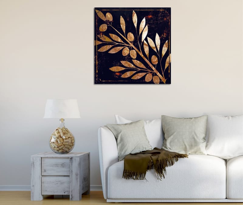 Canvastavla 45x45 cm - Gyllene växtmotiv med blad och bär på mörk bakgrund, Guld / Mörkblå
