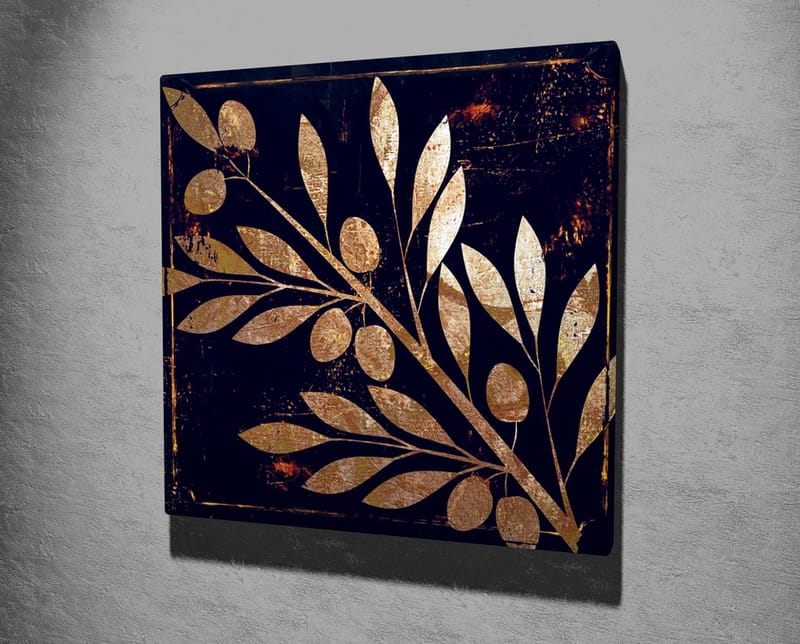 Canvastavla 45x45 cm - Gyllene växtmotiv med blad och bär på mörk bakgrund - Guld / Mörkblå - Inredning - Tavlor & konst - Canvastavlor