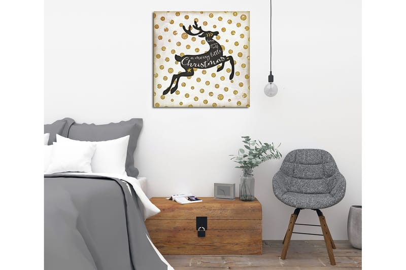 Canvastavla 45x45 cm - Hoppande ren med julhälsning - Svart / Guld / Vitt - Inredning - Tavlor & konst - Canvastavlor