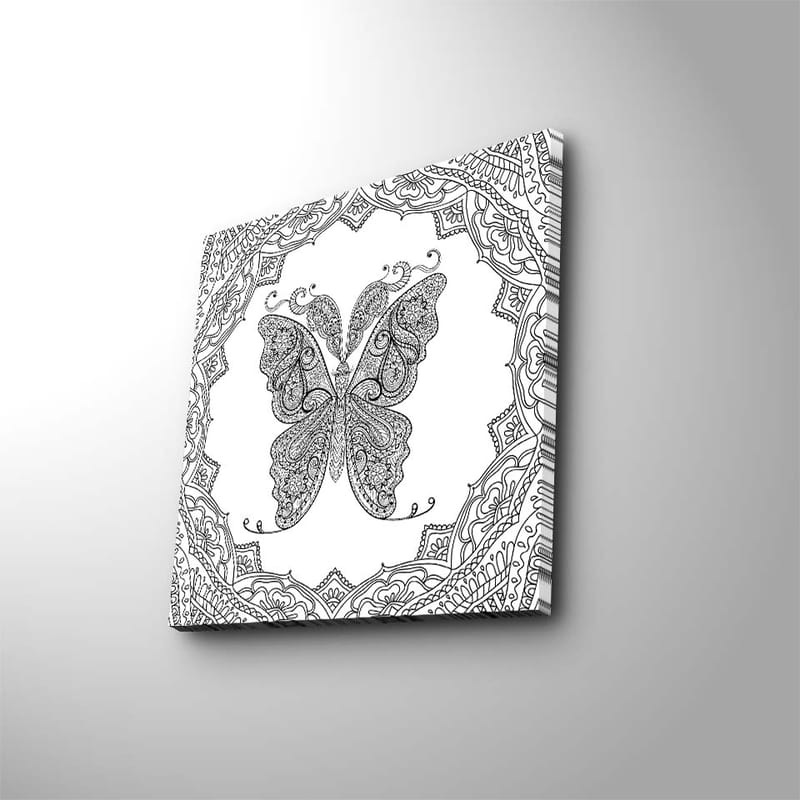 Canvastavla 45x45 cm - Intrikat mönster av en fjäril omgiven av dekorativa detaljer - Svart / Vitt - Inredning - Tavlor & konst - Canvastavlor