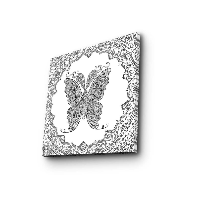 Canvastavla 45x45 cm - Intrikat mönster av en fjäril omgiven av dekorativa detaljer - Svart / Vitt - Inredning - Tavlor & konst - Canvastavlor
