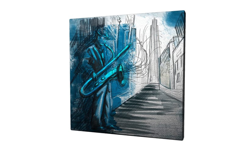 Canvastavla 45x45 cm - Jazzmusiker som spelar saxofon i en stadsmiljö - Blå / Grön / Svart - Inredning - Tavlor & konst - Canvastavlor