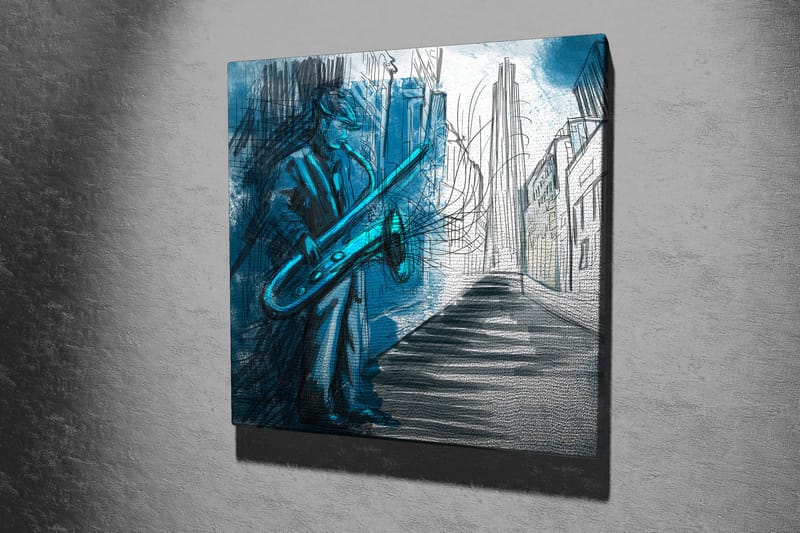 Canvastavla 45x45 cm - Jazzmusiker som spelar saxofon i en stadsmiljö - Blå / Grön / Svart - Inredning - Tavlor & konst - Canvastavlor
