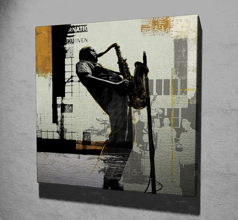 Canvastavla 45x45 cm - Jazzmusiker som spelar saxofon i en urban miljö - Svart / Gult / Grått - Inredning - Tavlor & konst - Canvastavlor