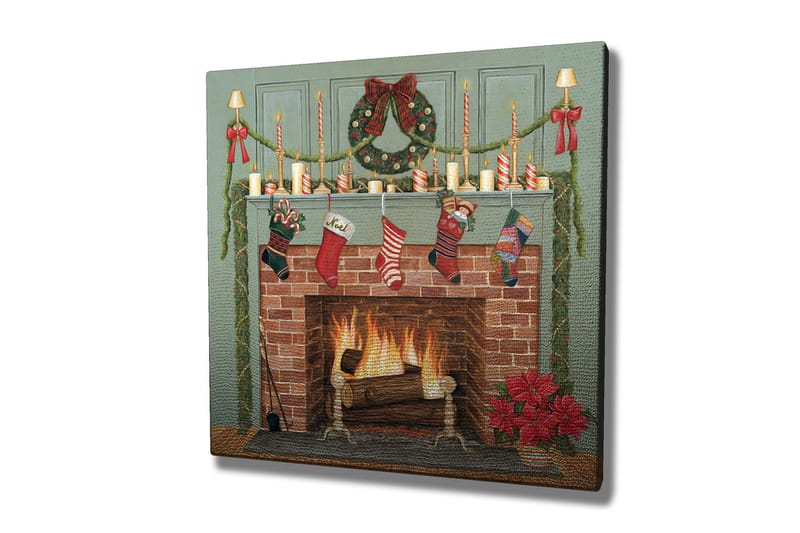 Canvastavla 45x45 cm - Juldekorationer vid en öppen spis med strumpor och ljus - Röd / Grön / Brun - Inredning - Tavlor & konst - Canvastavlor