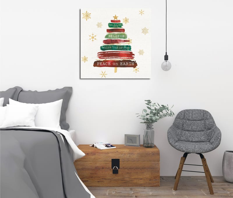 Canvastavla 45x45 cm - Julgran med text och dekorationer, Grön / Röd / Brun