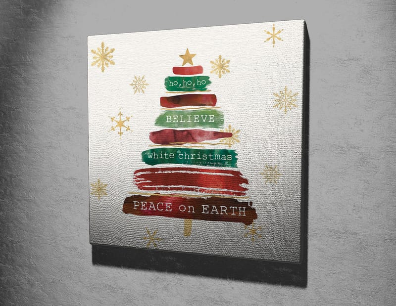 Canvastavla 45x45 cm - Julgran med text och dekorationer - Grön / Röd / Brun - Inredning - Tavlor & konst - Canvastavlor