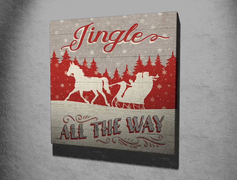 Canvastavla 45x45 cm - Julmotiv med renar och släde i snölandskap - Röd / Grå / Vit - Inredning - Tavlor & konst - Canvastavlor