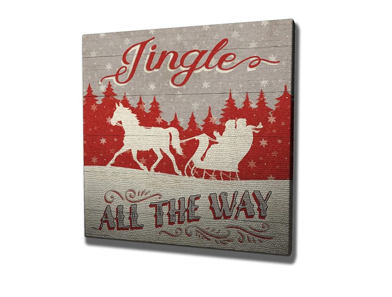 Canvastavla 45x45 cm - Julmotiv med renar och släde i snölandskap - Röd / Grå / Vit - Inredning - Tavlor & konst - Canvastavlor