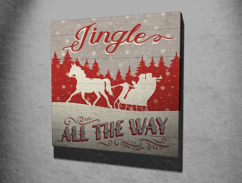 Canvastavla 45x45 cm - Julmotiv med renar och släde i snölandskap - Röd / Grå / Vit - Inredning - Tavlor & konst - Canvastavlor