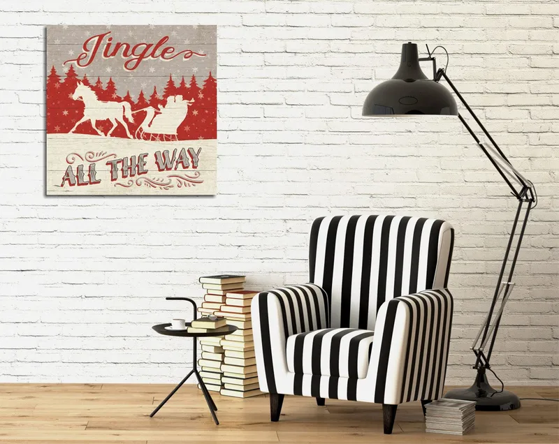 Canvastavla 45x45 cm - Julmotiv med renar och släde i snölandskap, Röd / Grå / Vit