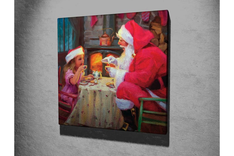 Canvastavla 45x45 cm - Julstämning med jultomte och barn som delar en kopp varm choklad - Röd / Beige / Grön - Inredning - Tavlor & konst - Canvastavlor