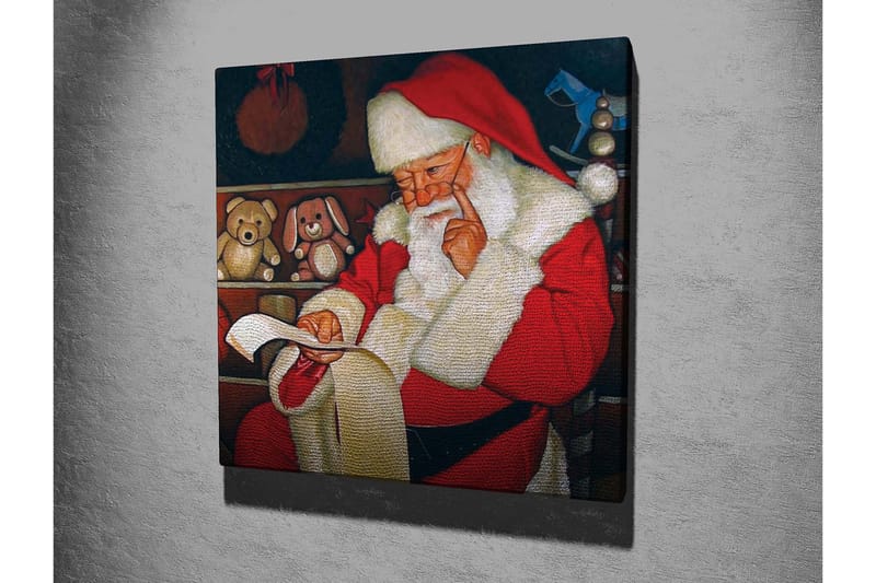 Canvastavla 45x45 cm - Jultomte som läser en lista med leksaker i en mysig miljö - Röd / Vit / Brun - Inredning - Tavlor & konst - Canvastavlor
