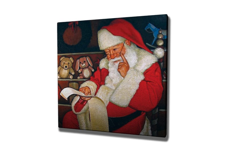 Canvastavla 45x45 cm - Jultomte som läser en lista med leksaker i en mysig miljö - Röd / Vit / Brun - Inredning - Tavlor & konst - Canvastavlor