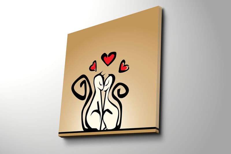 Canvastavla 45x45 cm - Kärleksfullt par av stiliserade figurer med hjärtan ovanför - Svart / Röd / Beige - Inredning - Tavlor & konst - Canvastavlor