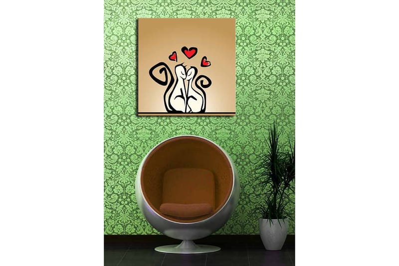 Canvastavla 45x45 cm - Kärleksfullt par av stiliserade figurer med hjärtan ovanför - Svart / Röd / Beige - Inredning - Tavlor & konst - Canvastavlor
