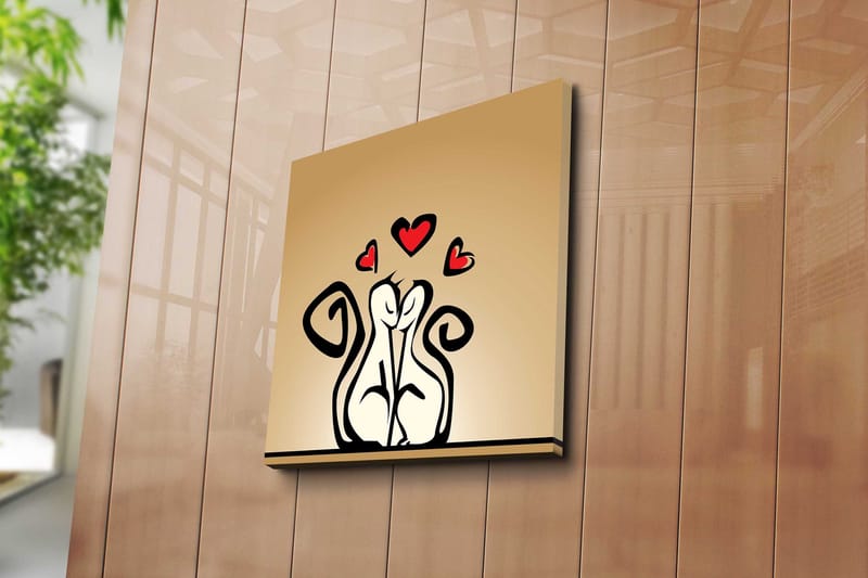 Canvastavla 45x45 cm - Kärleksfullt par av stiliserade figurer med hjärtan ovanför - Svart / Röd / Beige - Inredning - Tavlor & konst - Canvastavlor