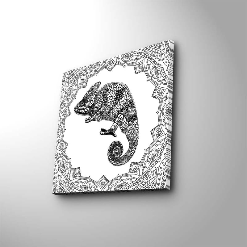 Canvastavla 45x45 cm - Kameleont i detaljrik svart och vit stil, Svart / Vit
