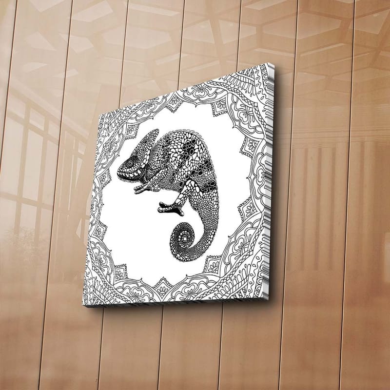 Canvastavla 45x45 cm - Kameleont i detaljrik svart och vit stil - Svart / Vit - Inredning - Tavlor & konst - Canvastavlor