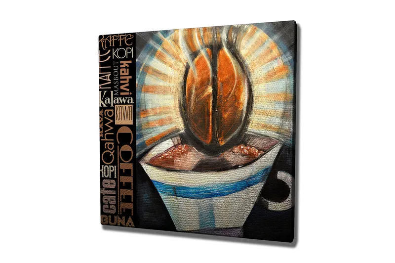 Canvastavla 45x45 cm - Kopp med kaffe och kaffebönor i fokus - Brun / Svart / Blå - Inredning - Tavlor & konst - Canvastavlor
